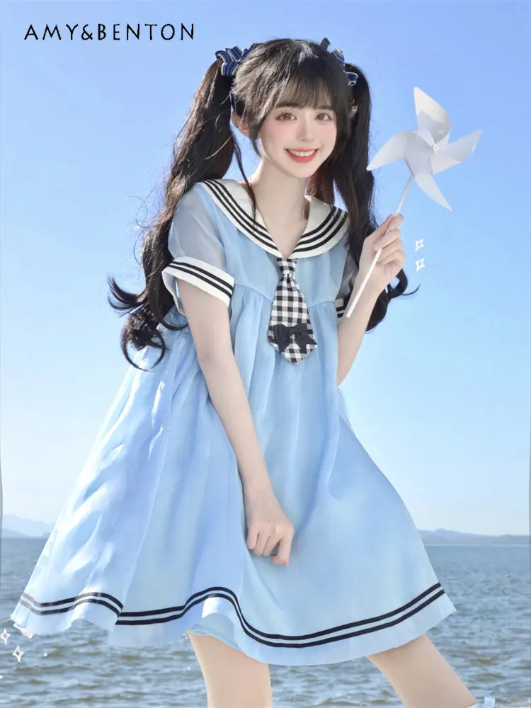 Women's Japanese Style High Waist Navy Dress Short Sleeve A Line Lolita Cute Dress Female Sweet Sailor Collar Dress