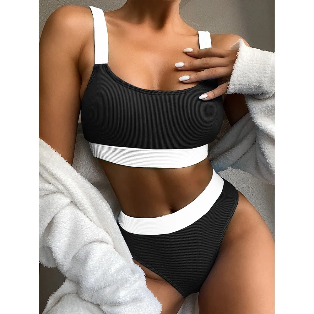 

High Waist Bikinis Swimsuits Push Up Swimwear Women Splic Bikini Set Sexy Ribbed Bathing Suits Female New
