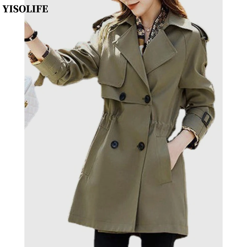 

YISOLIFE Women's Waist Drawcord Double Breasted Jacket Mid- Length Trench Pea Coat with Epaulettes Spring Autumn