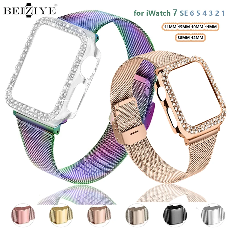 

Strap+Diamond Case for Apple Watch Band 7 45mm 41mm Stainless Steel Metal Bracelet for iWatch 40 44 42 38mm Series 7 6 5 SE 4 3