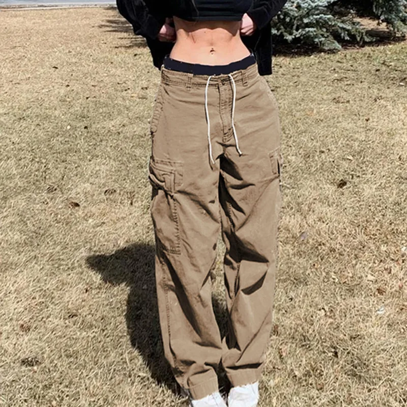 

2022 Vintage Cargo Pants Baggy Jeans Women Casual High Waist Streetwear Pockets Straight Wide Leg Trousers 2022 Denim Aprons