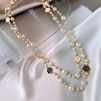 luxury camellia multilayer long pearl necklace brand design rose flower sweater chain collier for womanparty necklace