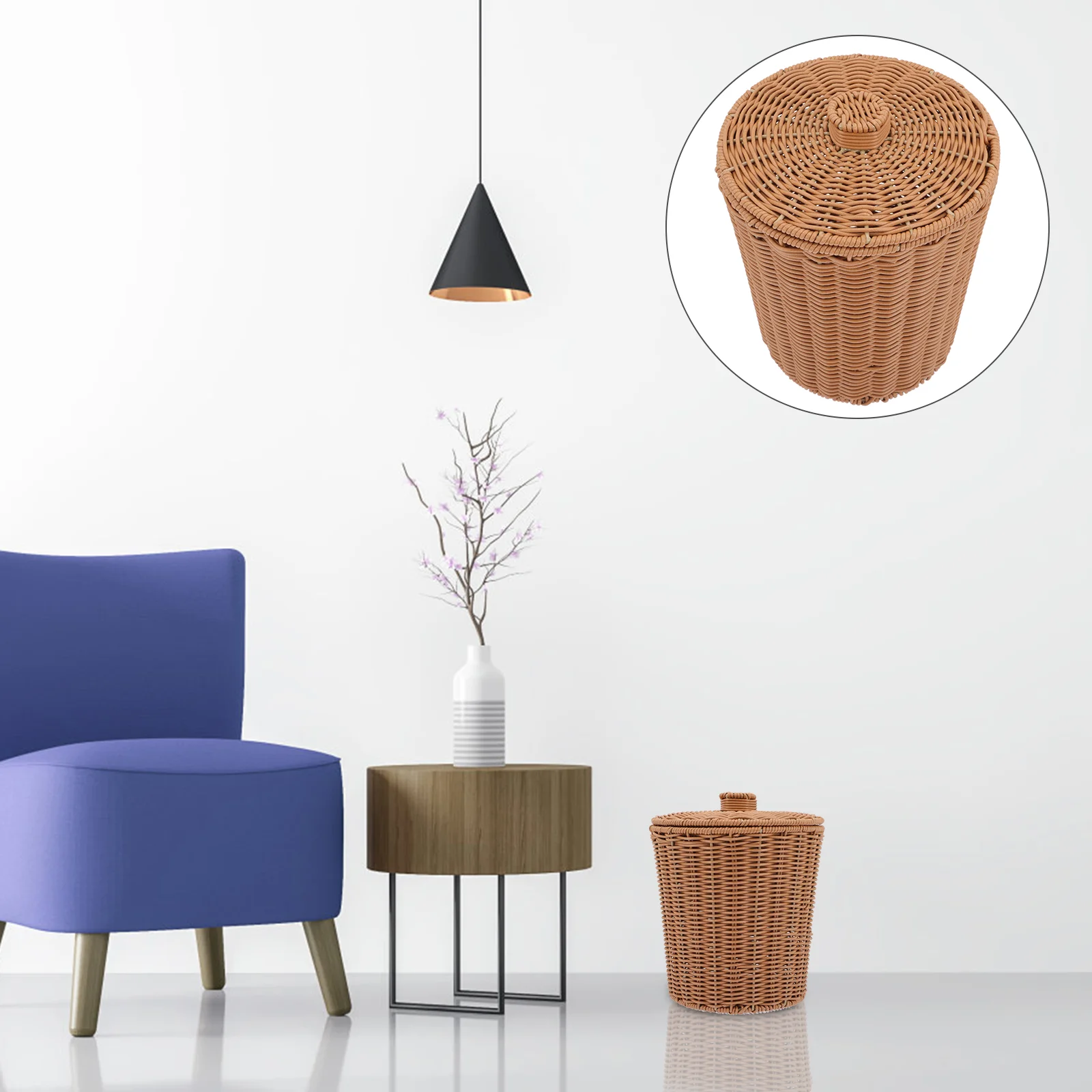 

Basket Trash Storage Can Waste Woven Rattan Wicker Bin Laundry Lid Garbage Baskets Container Hamper Round Rubbish Clothes Office