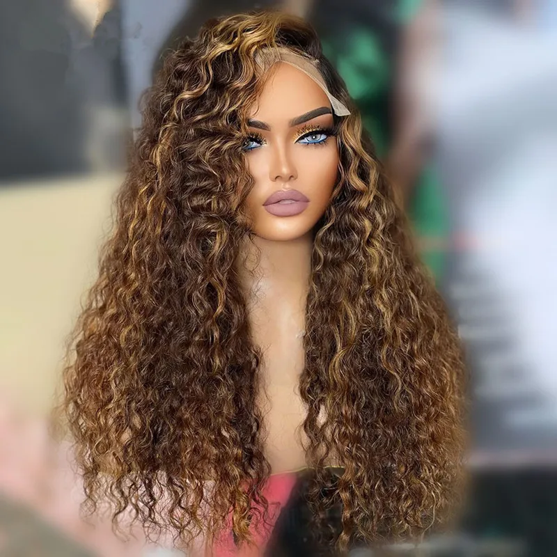 

Soft Preplucked 26"Long 180%Density Glueless Highlight Ombre Brown Curly Lace Front Wig With BabyHair Heat Temperature Daily
