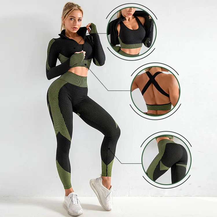 

Plus Size Workout Clothes Seamless Knitted Yoga Suit Autumn Winter Sexy Hip-lifting Fitness 3 Piece Suit Sets Womens Outfits