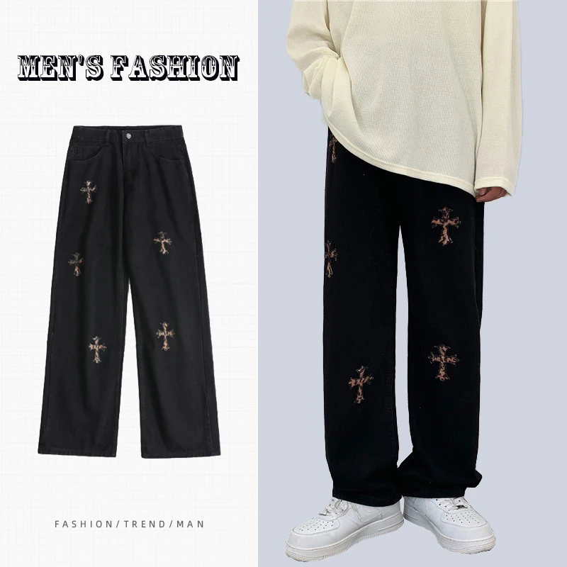 Fashion Brand Cross Print Jeans Men's Trendy Casual Straight Loose Wide-leg Pants Hip-hop Street Men's Trousers  mens jeans