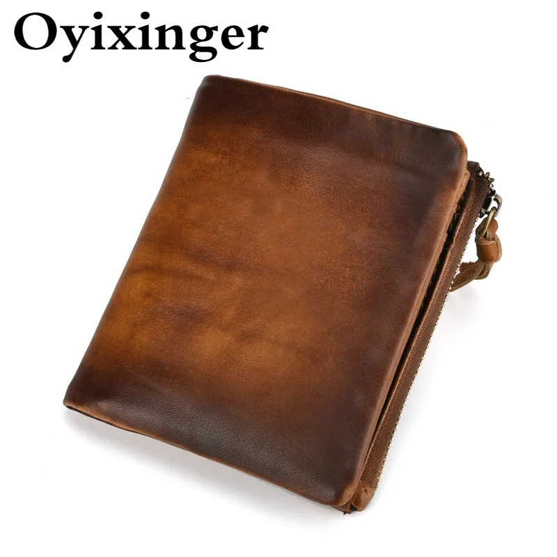

Oyixinger Genuine Leather Men's Wallets Multifunction Zipper Purses New Vintage Men Coin Purses Solid Color Short Wallet Male