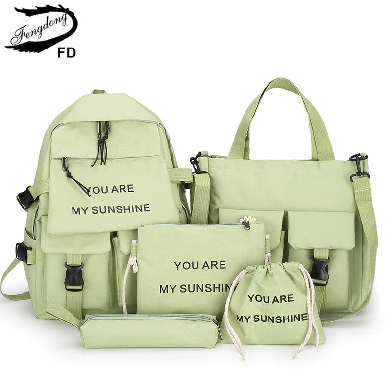 

Fengdong 5pcs/set school backpack for teenage girls handbag shoulder bag set student backpack schoolbag for girls kids bookbag