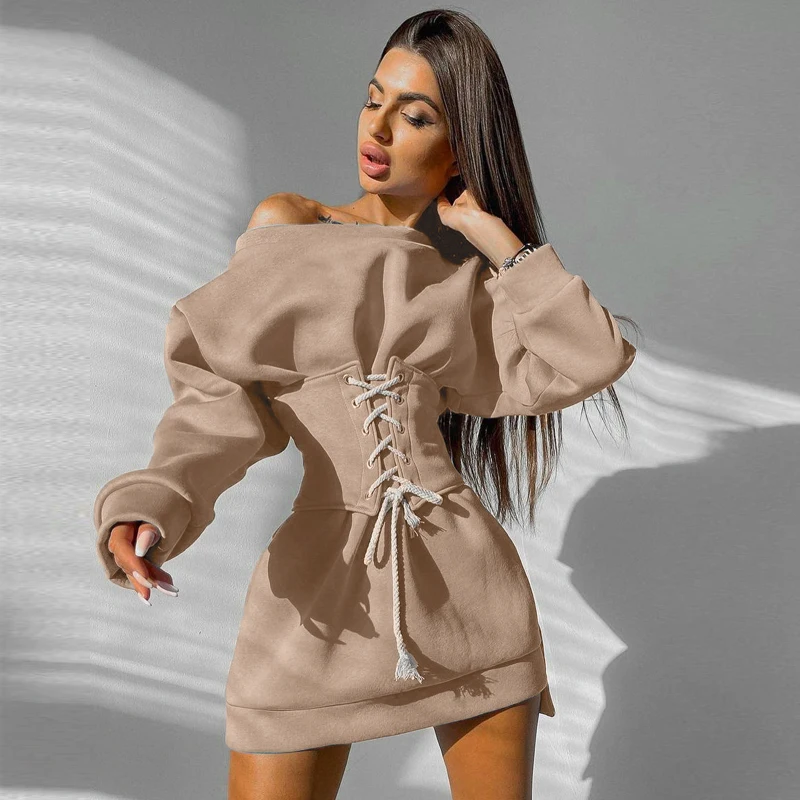 

European And American-StyleinsFashion Diagonal Collar Solid Color Hoodie Waist Dress Spring New Hot Girl Fleece-Lined Hip Skirt