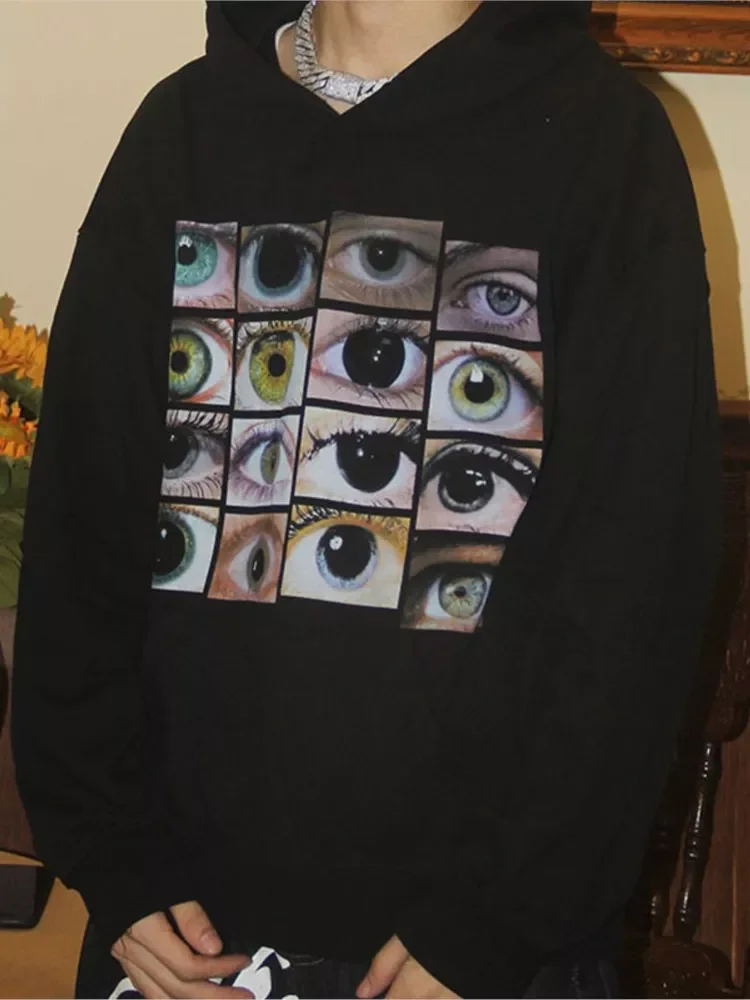 

2023New and women hip-hop street hoodie sweatshirt eye print Harajuku pullover autumn cotton casual hooded hoodie black sweatshi