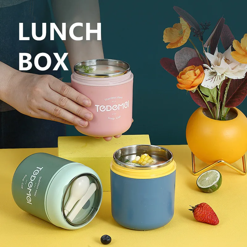 

Japanese Kids Lunch Box Stainless Steel Food Thermal Cup Picnic Portable Bento Container With Tableware Kitchen Accessories