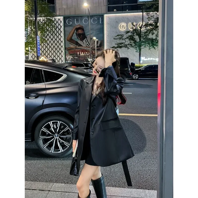 Черный женский пиджак из искусственной кожи весна-осень 202 новинка Senior Sense