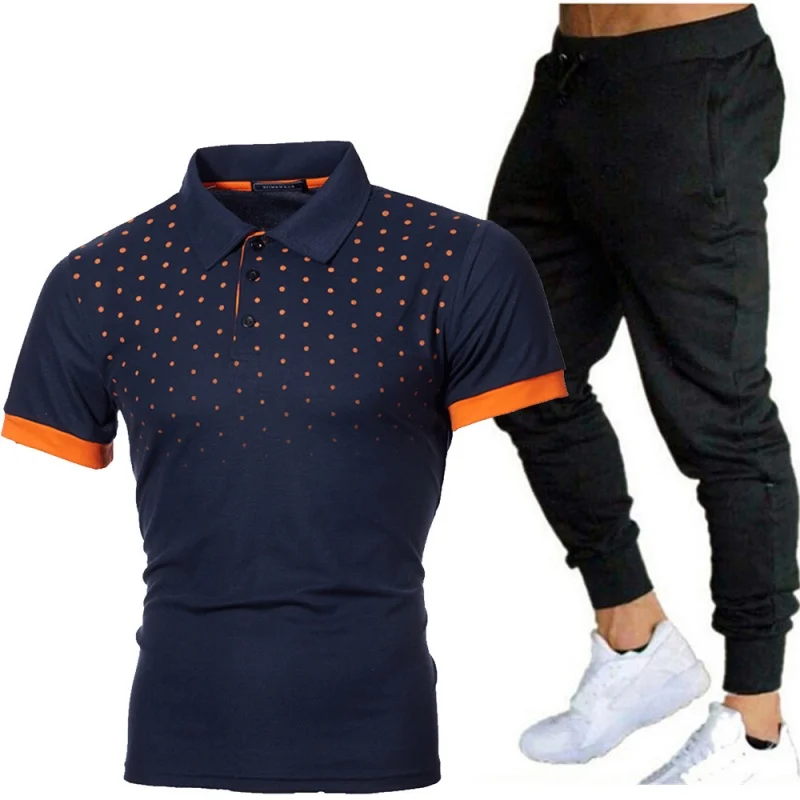 

2023 Summer New Men's Color Matching Polka Dot Casual Short-Sleeved Polo Shirt and Trousers Suit Fashion Polo Collar Short-Sleev