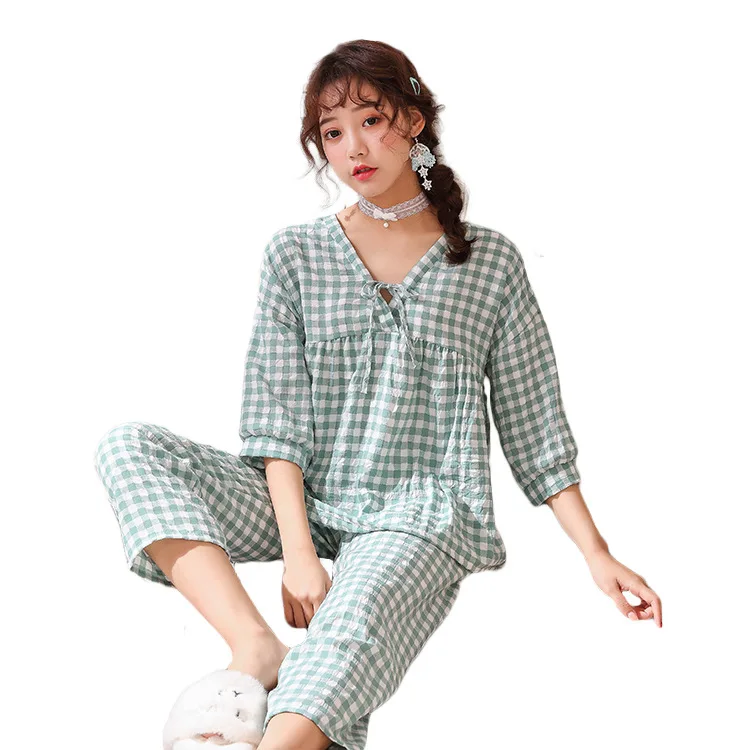 Spring and Autumn New Women's Pajamas Plaid V-neck Casual Simple Homewear Pijamas Women Pajamas for Women Sleep Tops Sleepwear