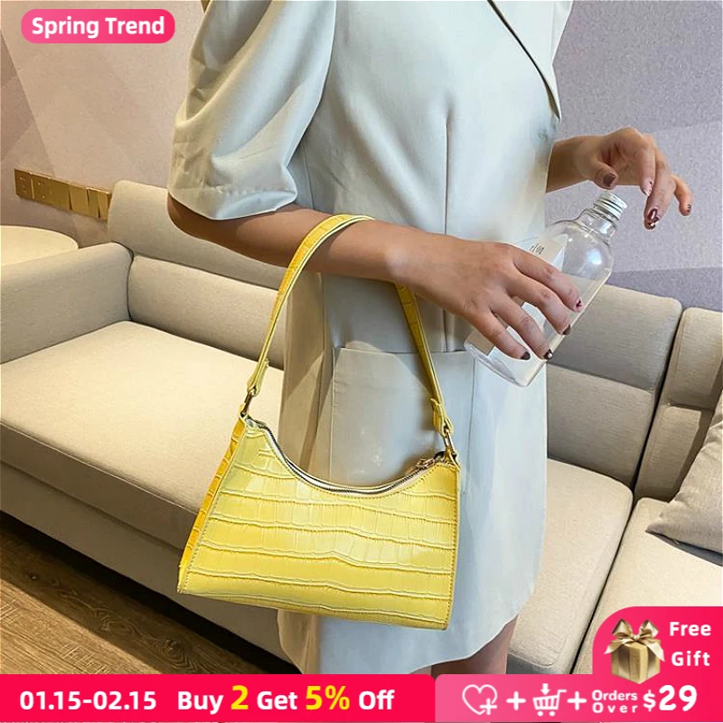 

Fashion Ladies Armpit Bag Crocodile Pattern PU Leather Women Shoulder Bag Vintage Female Baguette Purse Handbags Small Clutch