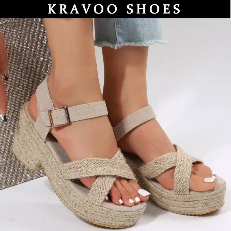 

KRAVOO Women Shoes Wedge Heel Increase Thick Female Sandals Hemp Rope Slippers Women Outdoor Beach Sandal Summer 2023 New Shoes