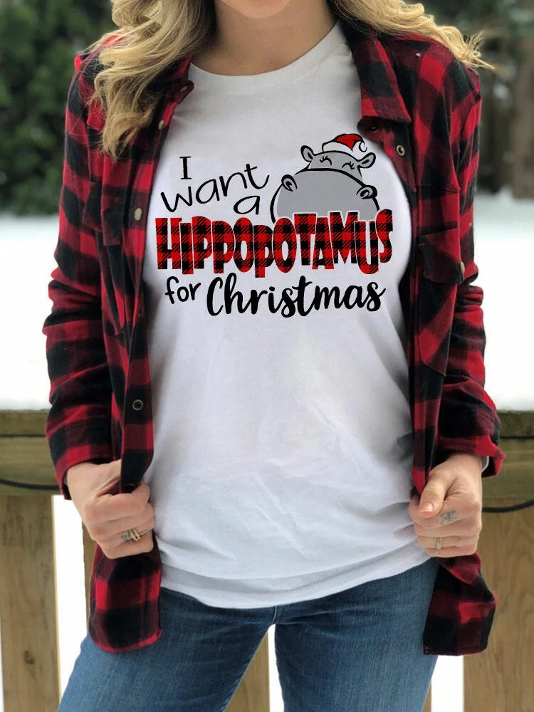 

Funny T Shirts Women Top I Want A Hippopotamus for Christmas T-Shirts Short Sleeve Letter Tee Buffalo Plaid Graphic Loose Tshirt