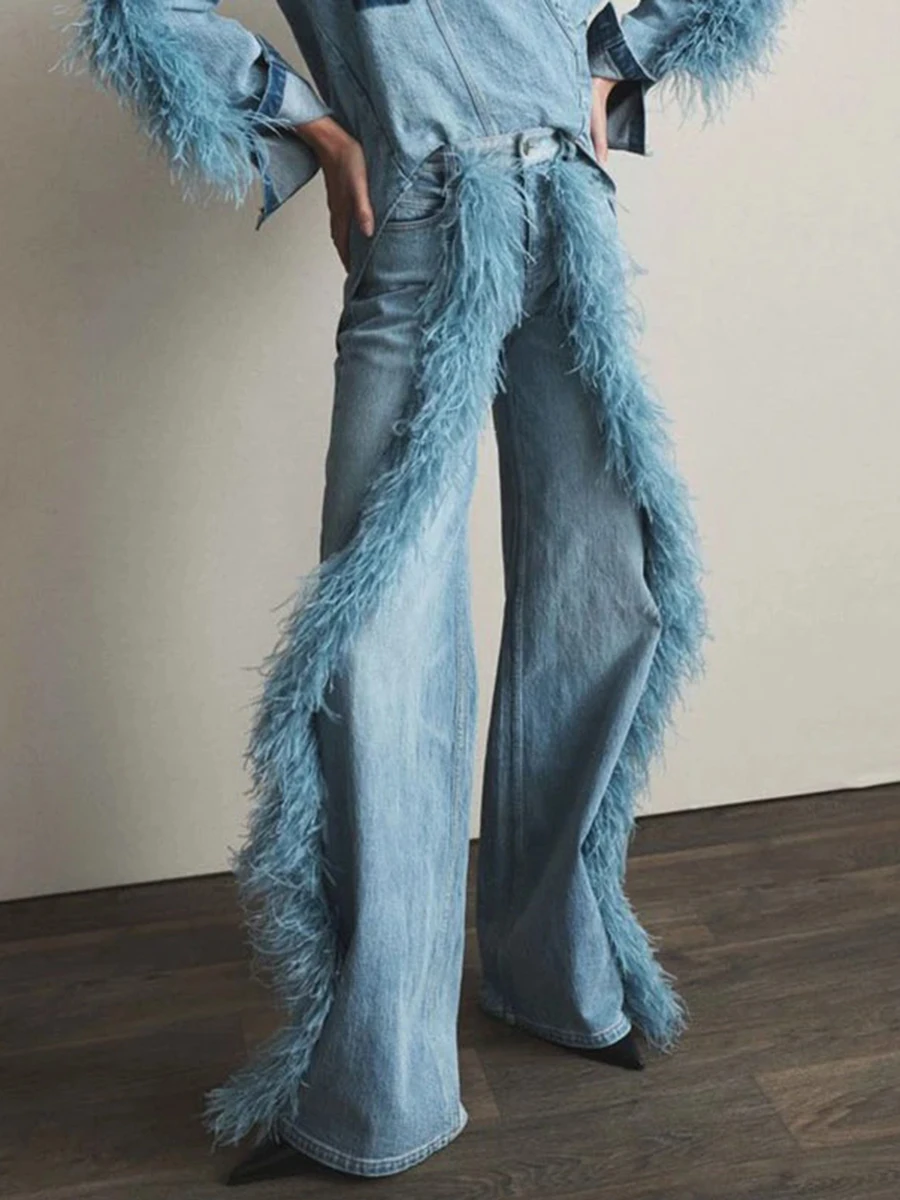 VGH винтажные прямые джинсы с плюшевыми украшениями для женщин шикарный дизайн