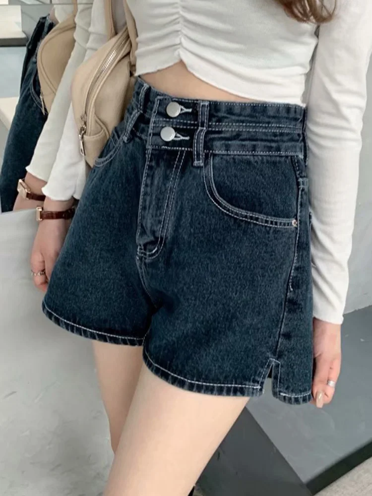 New Spring Summer Women High Waist Single Breasted Loose Denim Shorts Streetwear Female Wide Leg Jeans Shorts Bottoms