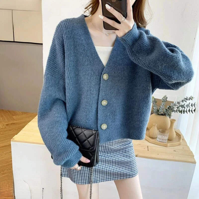 

2022 Women Autumn Spring Solid Short Knitted Sweater Tops Fashion Causal Cropped Vneck Long Sleeve Loose Female Cardigan S20