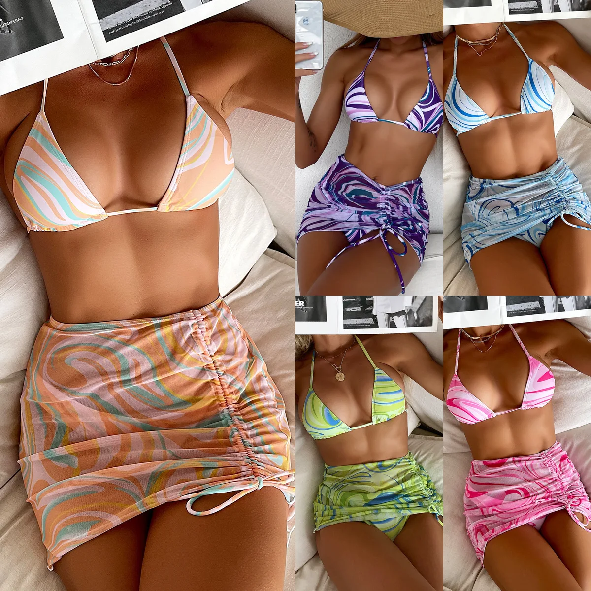 

2022 New European And American Split Swimsuit Screen Printed Skirt Three Piece Set Sexy Bikini