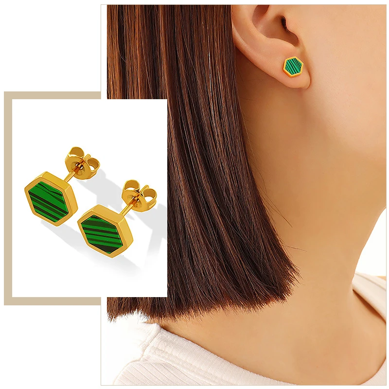 

Retro Green Hexagon Women Stud Earrings, Vintage Geometric Square Ear Accessory