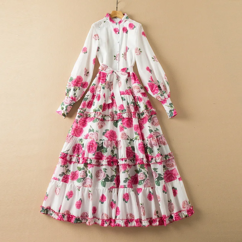 

XXL cotton dress Spring new style standing collar long-sleeved flower print tie dress evening dresses