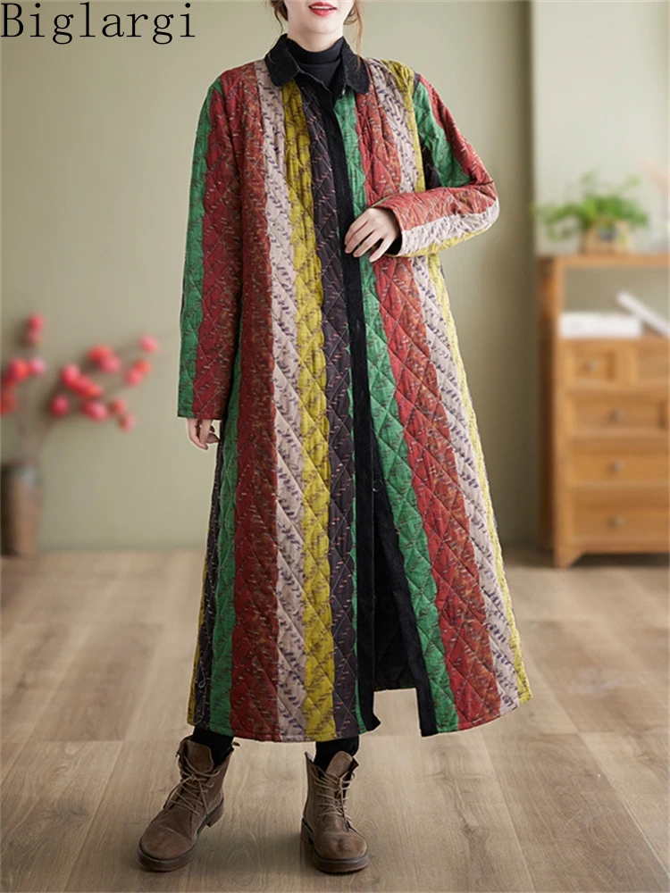 

Большой размер 2022 Зима Винтаж новый толстый лоскутный полосатый Тренч хлопковое Стеганое пальто Корея женские Теплые повседневные свободн...