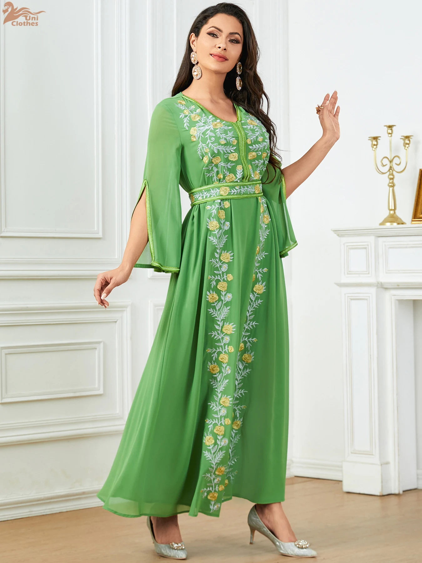 Мусульманские модные платья Рамадан с вышивкой для женщин сетчатый рукав