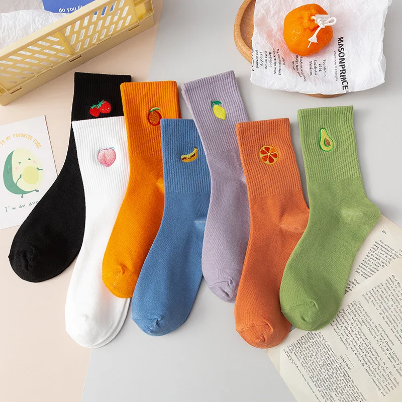 

Fruit Stockings Female Ins Tide Medium Tube Socks Cute Korean Japanese Embroidery Pile Socks Short Section