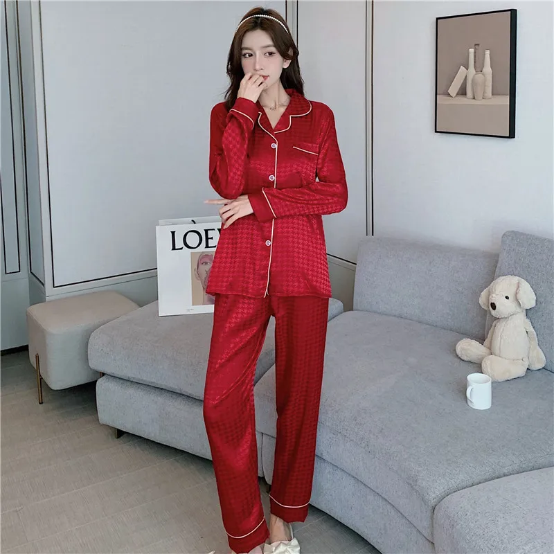 CAIYIER New 2022 Sexy Red Grid Print Luxury Nightwear Silk Satin Pajamas Set For Women Loose Nightgowns Female Large Size M-5XL