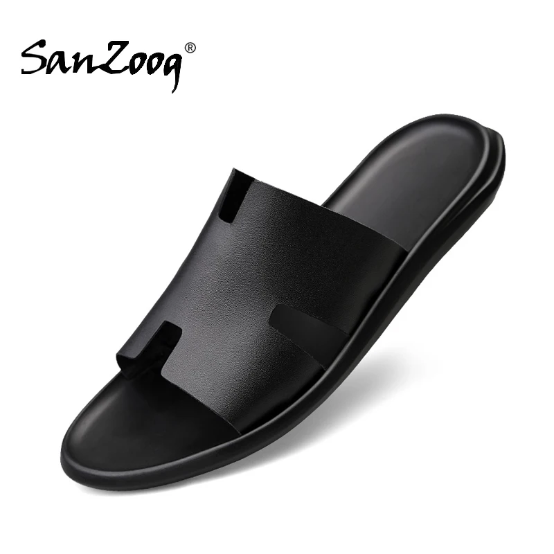 

Шлепанцы мужские из натуральной кожи, повседневные сандалии, без застежки, дизайнерские, летняя обувь, 2021