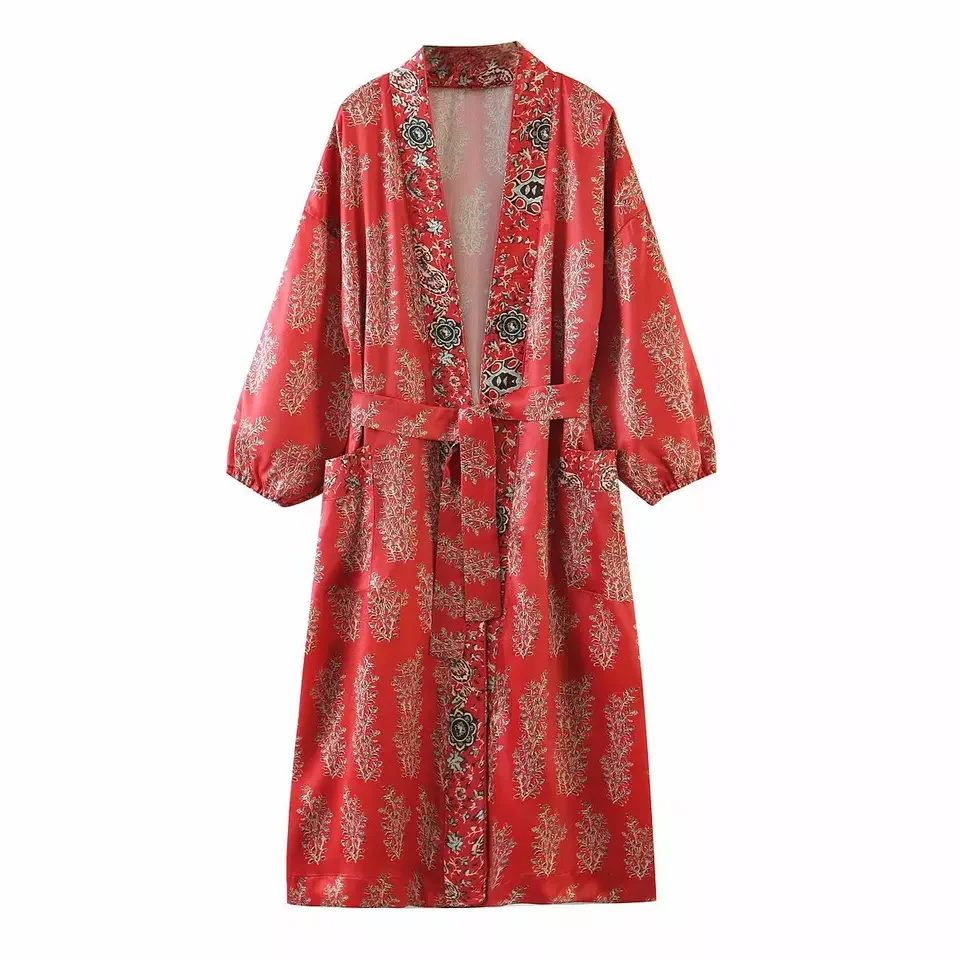Boho Loose Women Cadigan Satin Red Floral Print Puff Sleeve Long Kimono Lace up Tie Bow Sashes Dress Casual Beach Robe