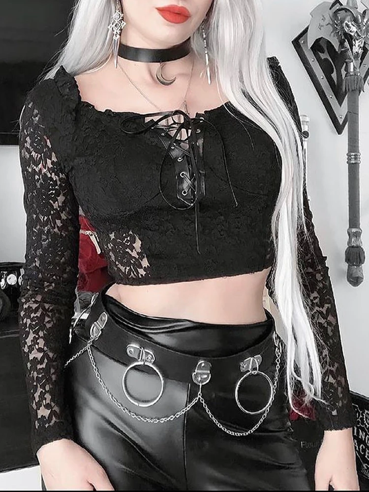 

Goth Dark Lace Mall Gothic Transprent Sexy T-shirts Women Grunge Black Alternative Bodycon Crop Tops Long Sleeve Bandage Clothes