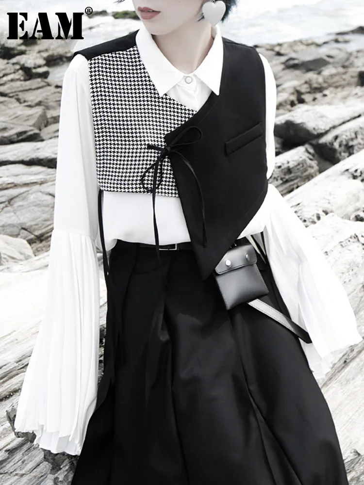 [EAM] Women Black  Plaid Split Asymmetrical Loose Fit Vest New V-collar Sleeveless   Fashion Tide Spring Autumn 2022 1H073