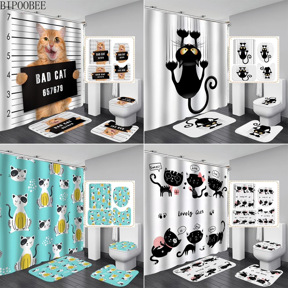 

Funny Animal Shower Curtain 3d Mischievous Cat Print Bathroom Curtains Set Bath Mats Rugs Toilet Lid Cover Anti-slip Carpet
