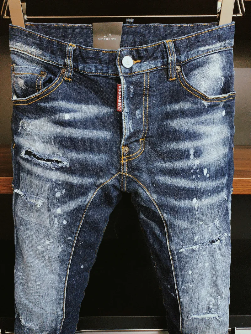 New Men's Dsquared2 Buttons Jeans Ripped For Male Skinny  Pants Men's Denim Trousers Top Quality Slim Jeans A388