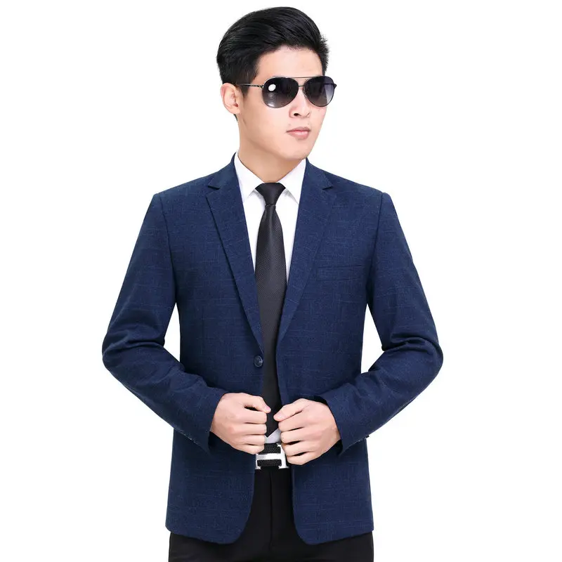 2023 Men Classical Blazers Dark Blue Grey Plaid Jacket Suit Male Notched Collar Slim Fit Elegant Outfits Shadow Pattern Coats