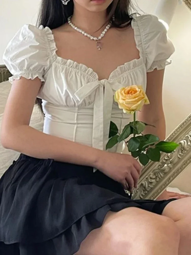 Женский короткий топ с коротким рукавом Повседневная белая рубашка бантом и