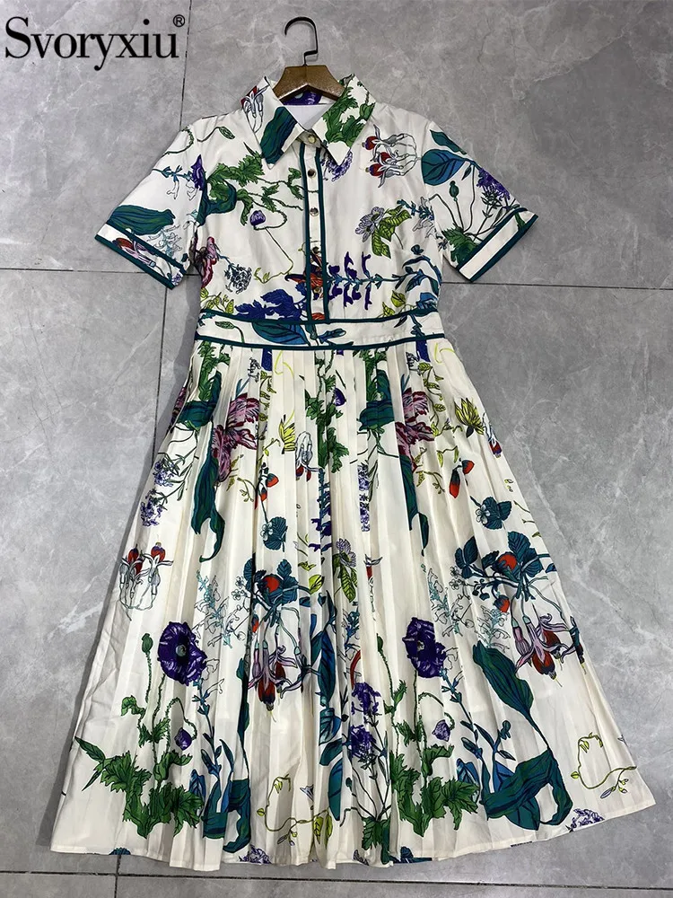 

Svoryxiu Fashion Summer Gorgeous Vintage Flower Print Midi Dress Women's Turn-down Collar Single Breasted Pleated Vacation Dress
