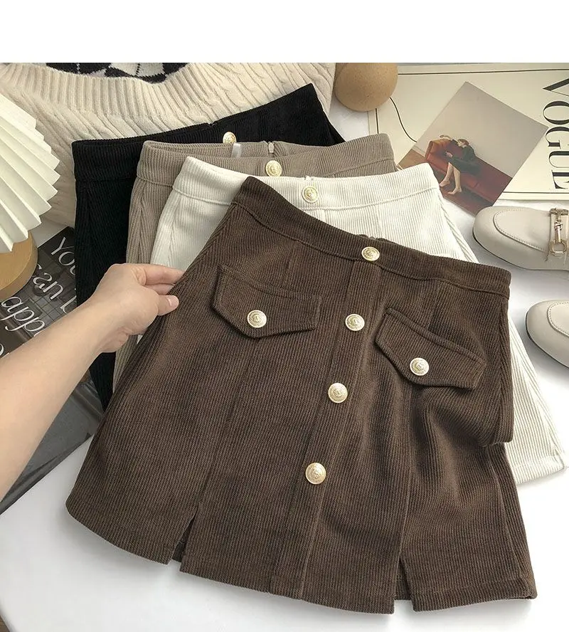

side Split high waist corduroy A-line skirt women's 2022 autumn Korean style Vintage mini skirt