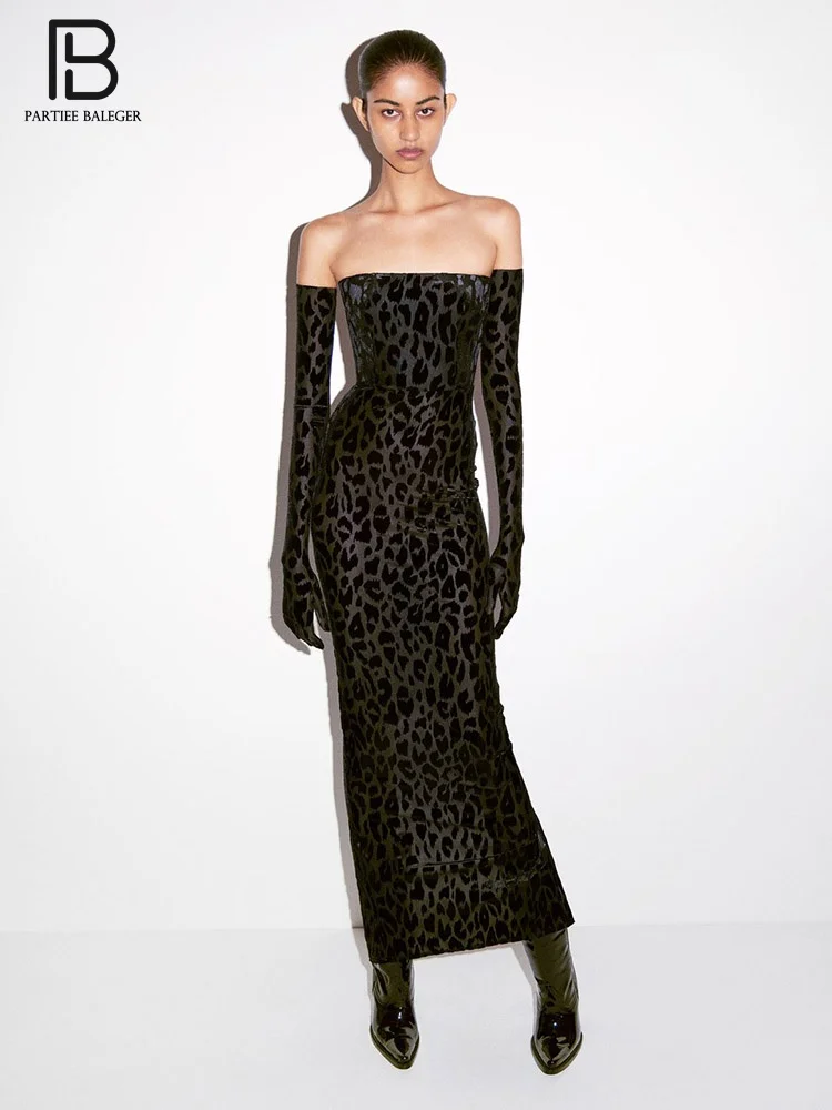 

PB Stylish Gloves Design Sexy Leopard Velvet Women Dress Strapless Long Sleeves Celebrity Party Club Vestido Free Shipping