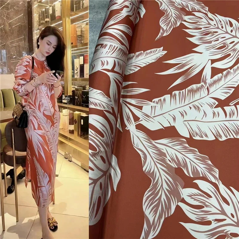 

New Haute 21 Mommy Stretch Twill Silk Red Bottom White Banana Leaf Print Shirt Dress Satin Silk Fabric Designer Charmeuse Cloth