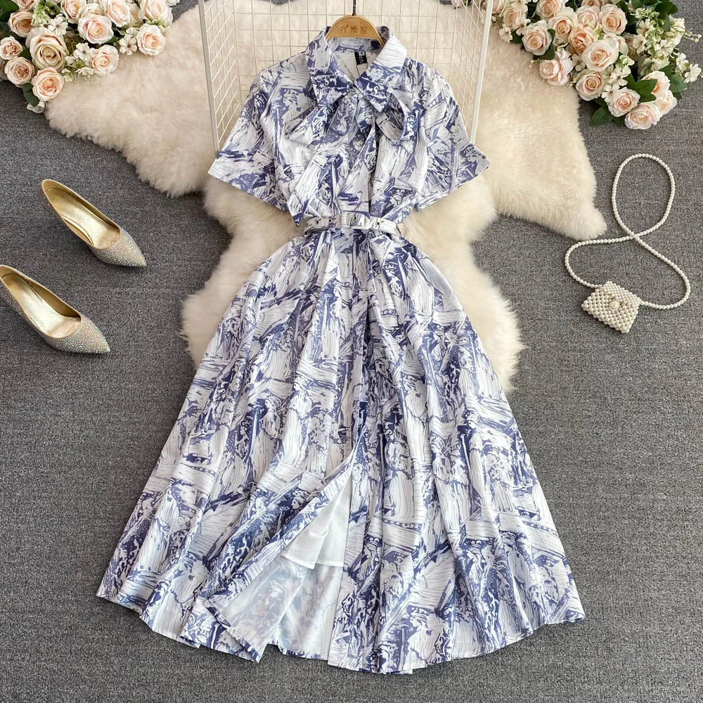 

VANOVICH Fashion Polo Collar Short-sleeve Chinese Style Ink Print Waist Single-breasted A-line Dress Elegant Temperament Dress