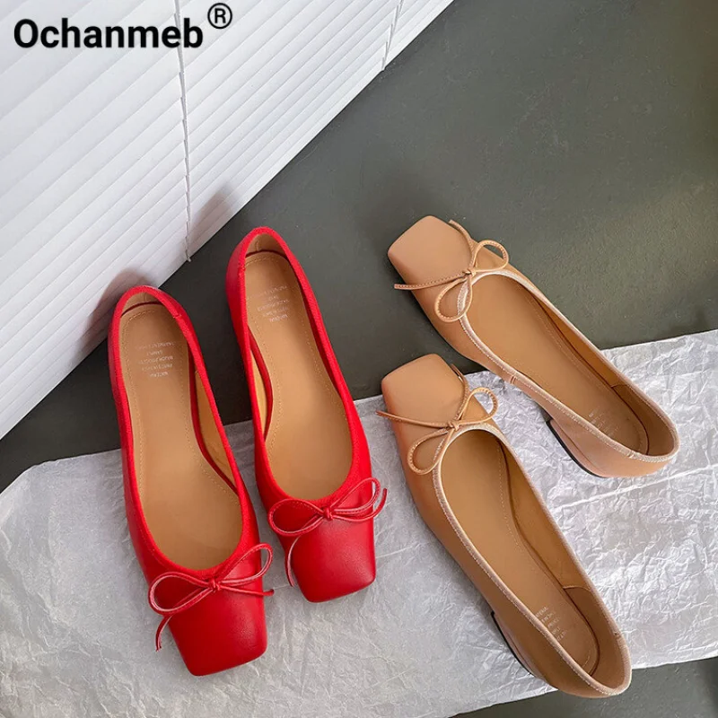 

Женские туфли Ochanmeb на плоской подошве из натуральной кожи, с бантом, бежевые красные туфли без застежек, повседневные дамские туфли, новинка 2023