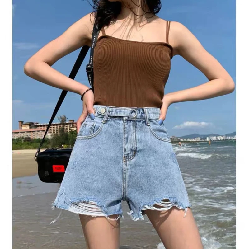 New High Quality Denim Shorts Women's High-waisted Loose Wide-leg Korean Version Slim A-line Short Hot Pants Ripped Hole Jeans