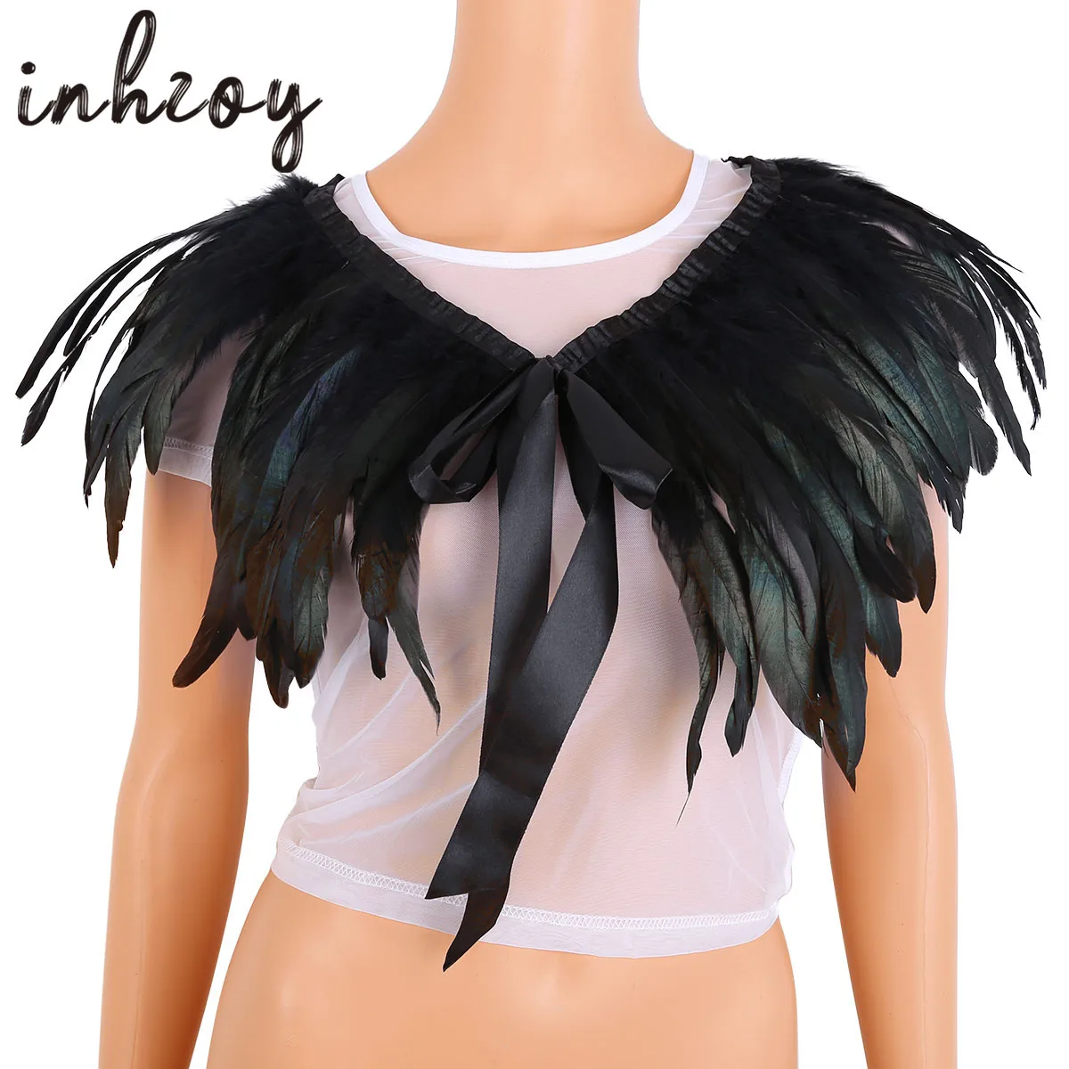 

Fashion Iridescent Rooster Hackle Natural Feather Cape Stole Shawl Collar with Ribbon Ties for Costume Decoration