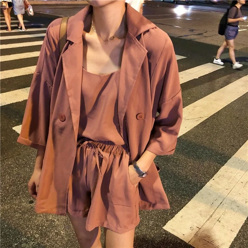 

Summer Set 2022 Womens Fashion High Waist Suit Shorts Sets Tops Suspenders Two Piece Set Women Set 3 Piece Set Women Short Suits