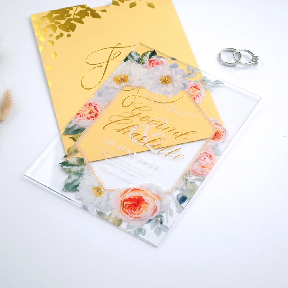 

10Pcs/Lot Beatiful Invitation Card Gift Card with Gold Sleeve Personalize Fancy Decoration Acrylic Invitation Card Price