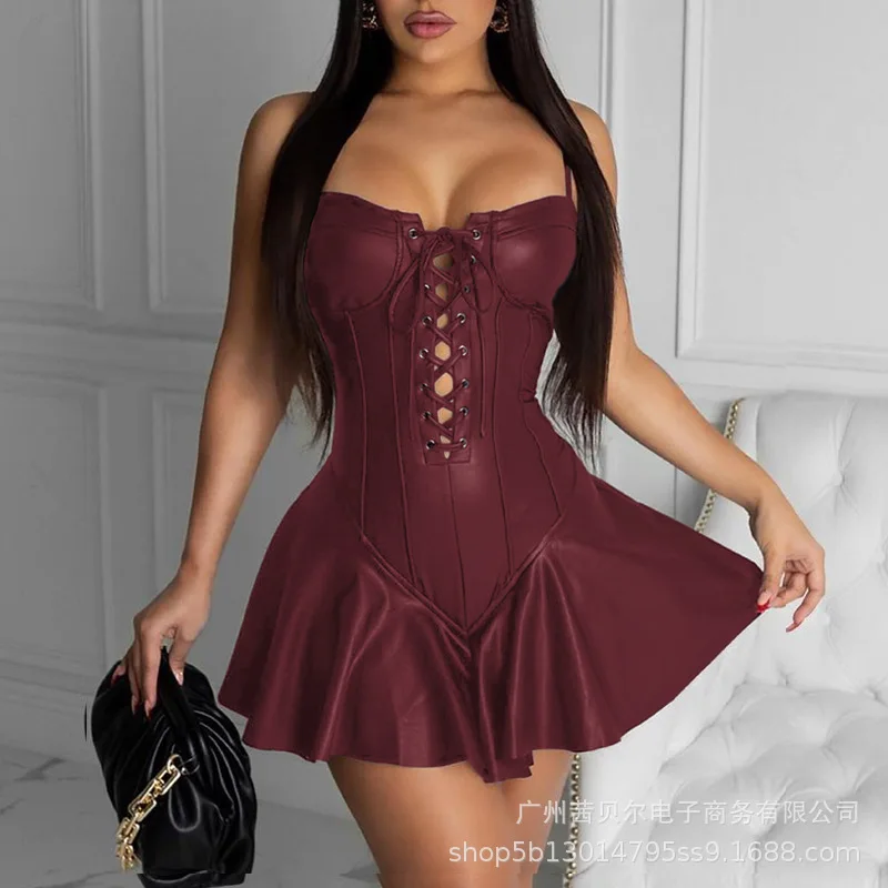 

Women Dress Summer Solid Slim Plaid Lace Stitching Dress Women Sexy Spaghetti Strap Strapless Backless Bandage Hollow Out Dress